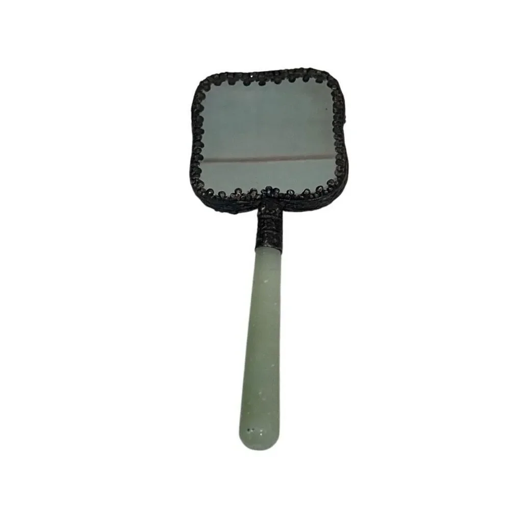 Vtg Chinese Hand Mirror Rounded Corner Squircle W/ Jade Handle & Porcelain Back